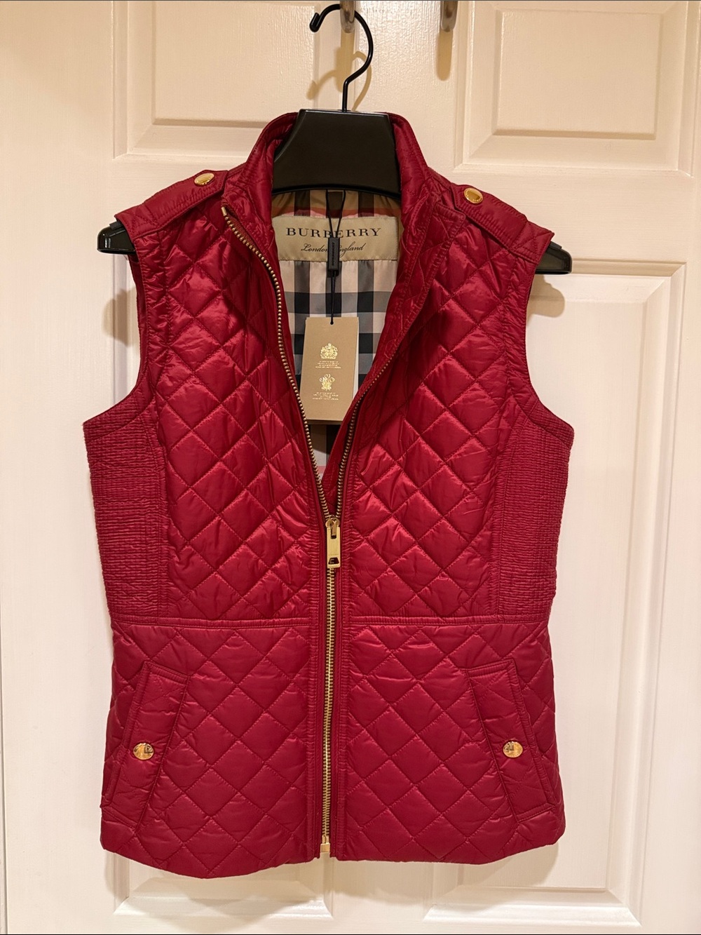 Burberry Quilted Crimson Red Sleeveless Zip Vest